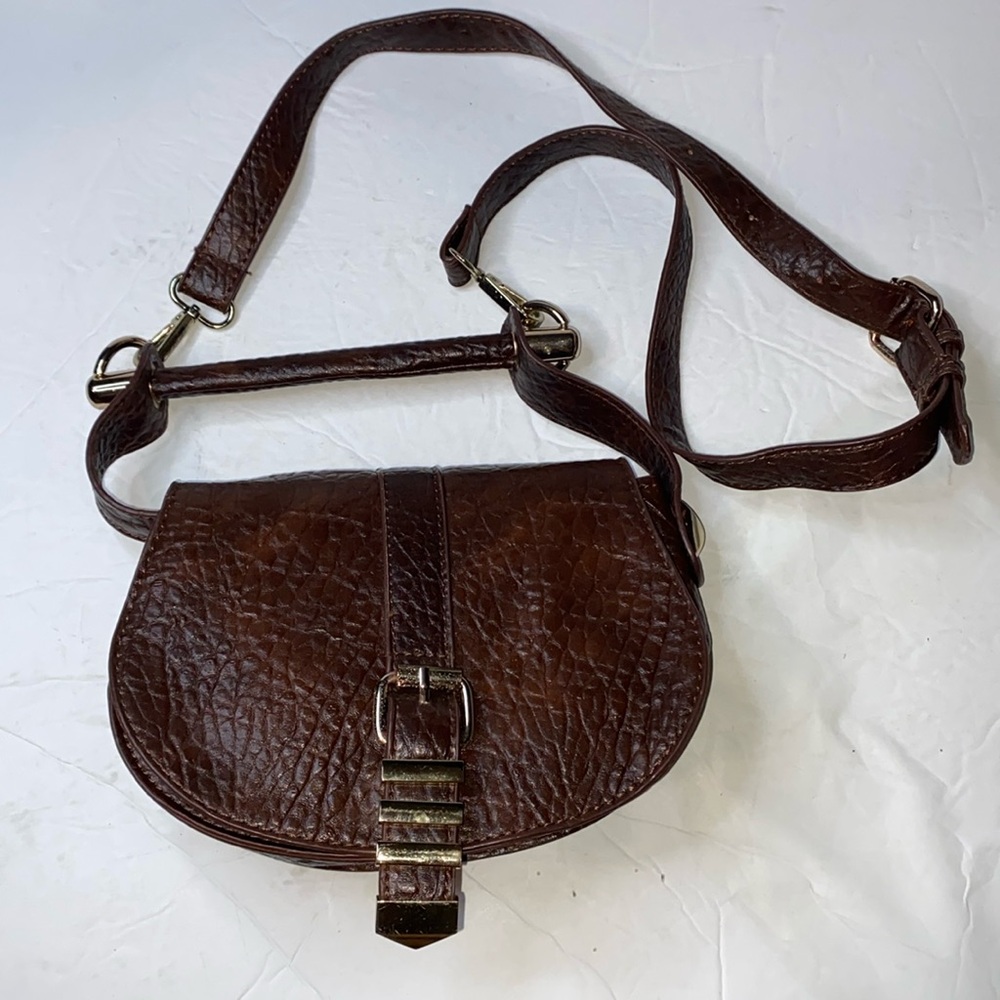 Free People Brown Textured Leather Crossbody Saddle Bag